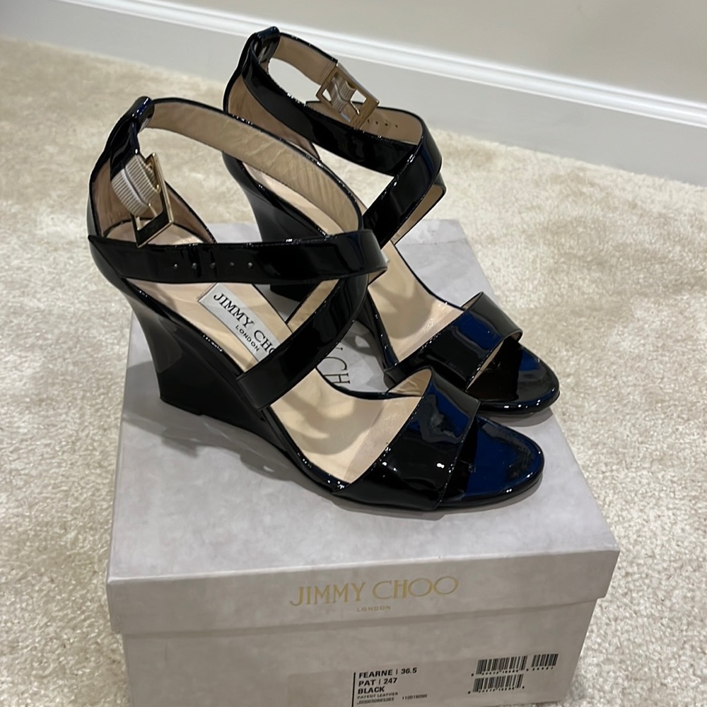 Jimmy Choo Black Patent Leather Fearne Cross Strap Wedge Sandals